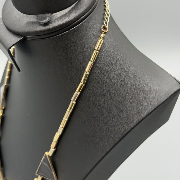 Vintage Gold Tone Chevron Enamel Black Cream Rhinestone Bib Necklace 18" READ - Picture 5 of 15